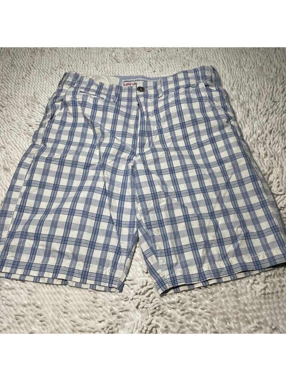 Y2K American Eagle Classic Length Shorts Mens 33 White Blue Plaid Cotton Vintage